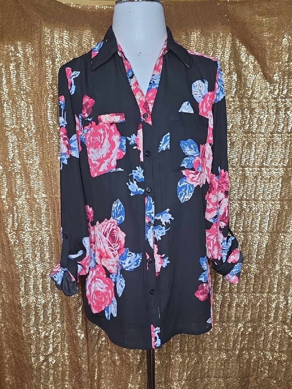 NY Collection Black Button-Down Shirt with Pink & Blue Floral Print